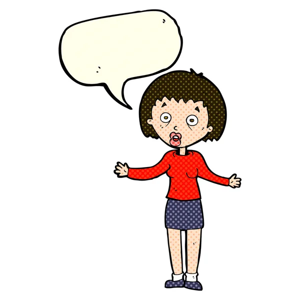 Cartoon woman making excuses with speech bubble — Stock Vector