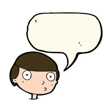 Çizgi film çocuğu konuşma balonuyla bakıyor.