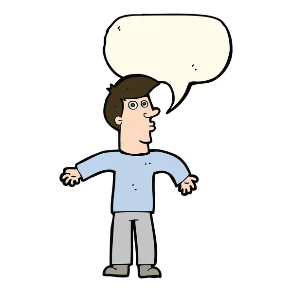 Cartoon man shrugging shoulders with speech bubble — Stock Vector