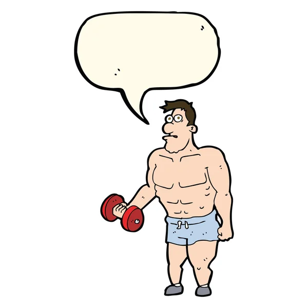 Homme de dessin animé soulevant des poids avec bulle de parole — Image vectorielle