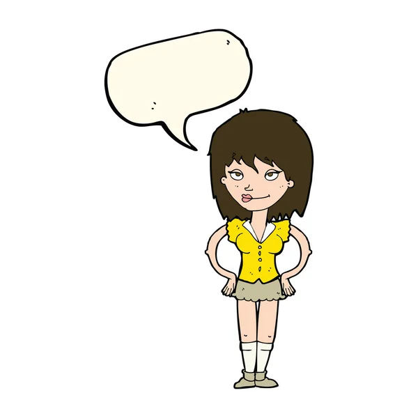 Femme dessin animé avec les mains sur les hanches avec bulle de parole — Image vectorielle