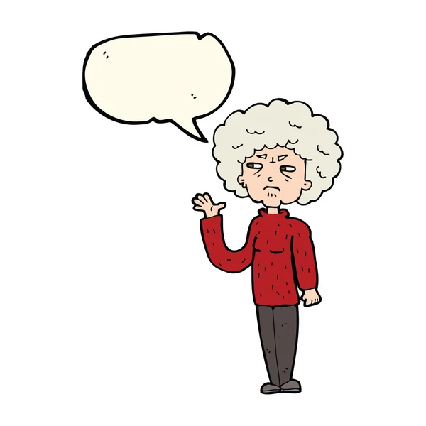 Cartoon annoyed old woman waving with speech bubble — Stock Vector