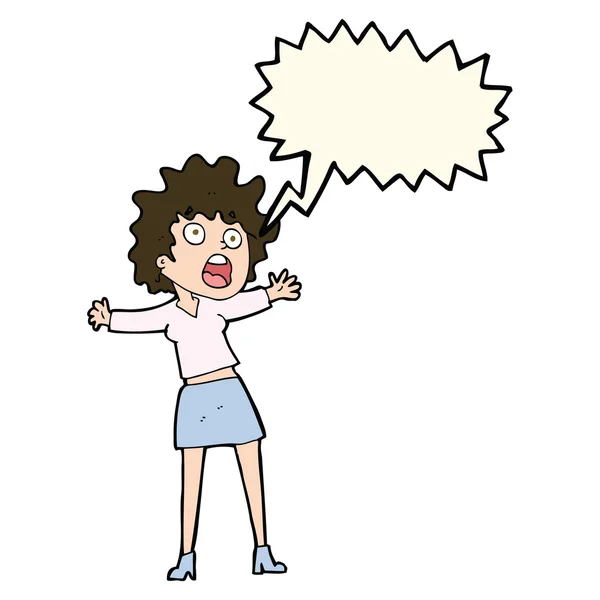 Cartone animato donna spaventata con bolla discorso — Vettoriale Stock