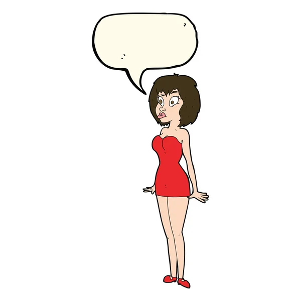 Cartoon surprised woman in short dress with speech bubble — Stock Vector