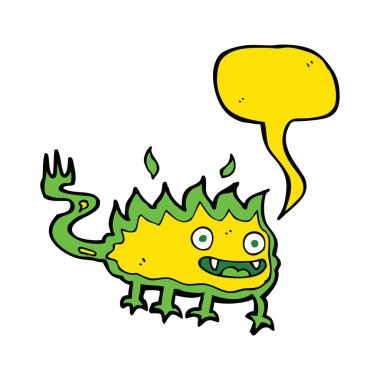 Konuşma baloncuğu olan küçük ateş şeytanı.