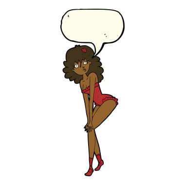 İç çamaşırlı, konuşma balonlu bir kadın.