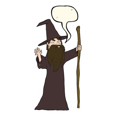 Konuşma baloncuğu olan yaşlı bir çizgi film sihirbazı