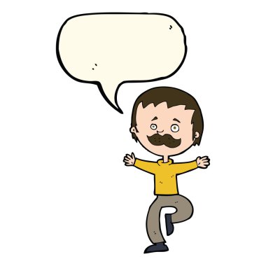 Konuşma baloncuklu bıyıklı çizgi film dansçısı.