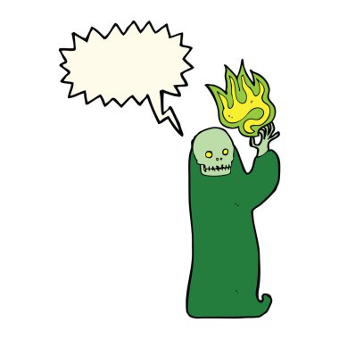 Cadılar Bayramı hortlağını konuşma balonuyla sallayan çizgi film.