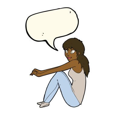 karikatür mutlu kadın konuşma balonu ile oturuyordu