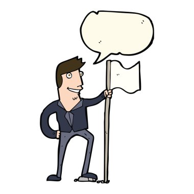 karikatür adamı konuşma baloncuğuyla bayrak dikiyor