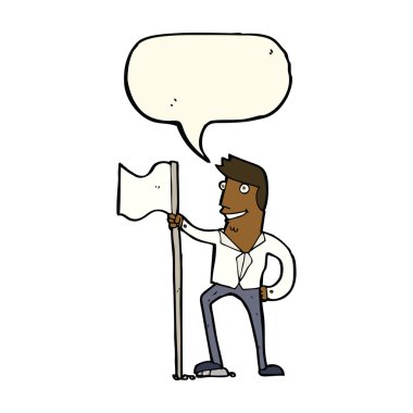 karikatür adamı konuşma baloncuğuyla bayrak dikiyor