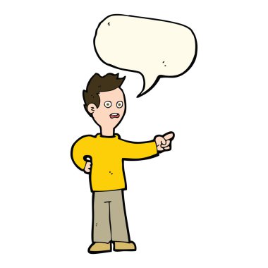 Şok olmuş çocuk konuşma balonunu işaret ediyor.