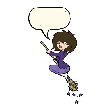 Çizgi film cadısı konuşma baloncuğu ile süpürgeye biniyor