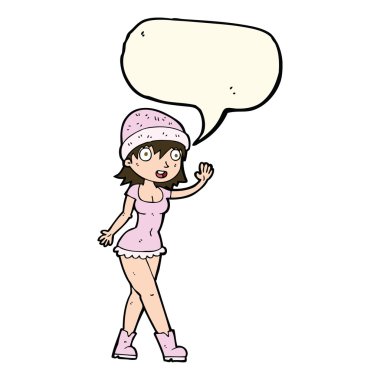 şapkalı güzel kız konuşma baloncuğuyla sallanıyor.