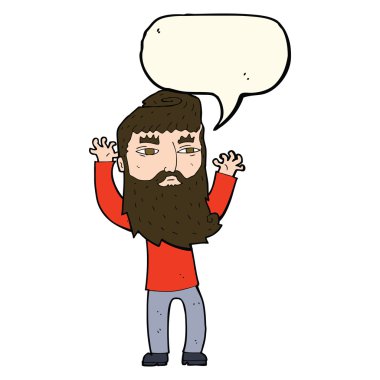 Çizgi film sakallı adam konuşma balonuyla kollarını sallıyor.