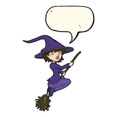 Çizgi film cadısı konuşma baloncuğu ile süpürgeye biniyor