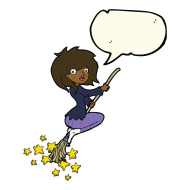 Çizgi film cadısı konuşma baloncuğu ile süpürgeye biniyor