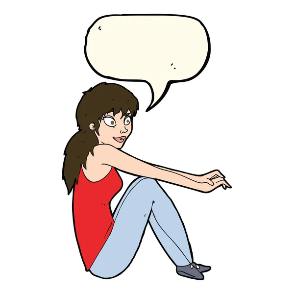 Desenho animado mulher feliz sentado com bolha de fala — Vetor de Stock