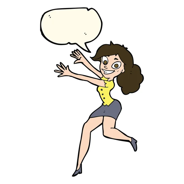 Karikatür mutlu kadın konuşma balonu ile atlama — Stok Vektör
