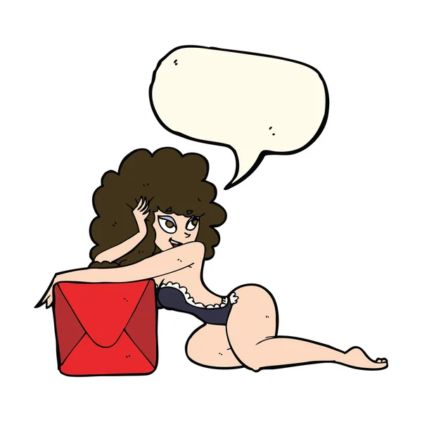 Cartone animato pin up donna con scatola con bolla discorso — Vettoriale Stock