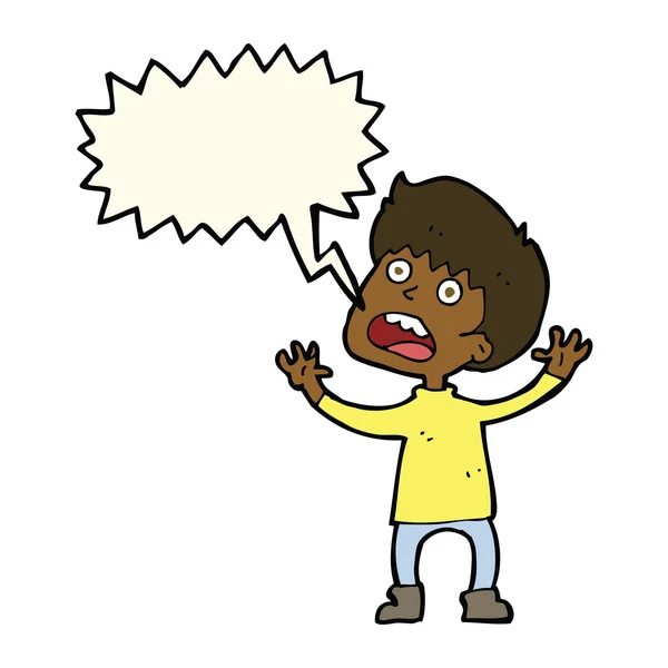 Cartone animato stressato ragazzo con bolla discorso — Vettoriale Stock