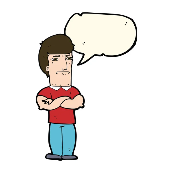 Desenho animado irritado homem com braços dobrados com bolha de fala — Vetor de Stock