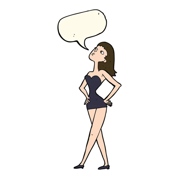 Femme dessin animé en robe de soirée avec bulle de parole — Image vectorielle