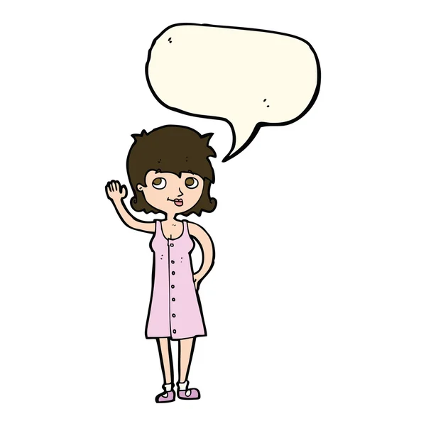 Cartoon pretty woman waving with speech bubble — Stock Vector