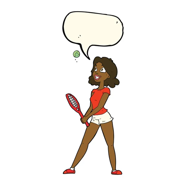 Mujer de dibujos animados jugando al tenis con la burbuja del habla — Vector de stock