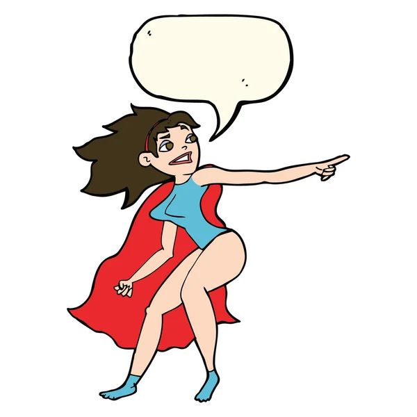 Cartoon superhero woman pointing with speech bubble — Stock Vector