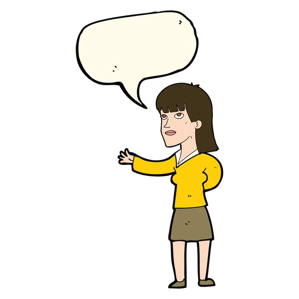 Cartoon woman explaining with speech bubble — Stock Vector