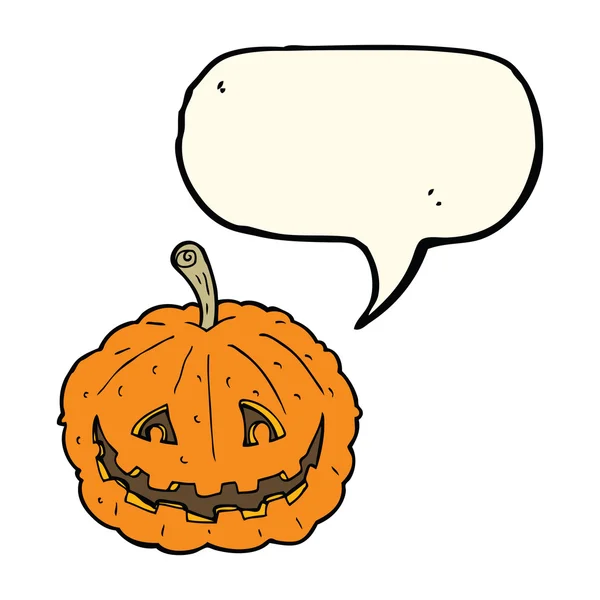 Cartoon grinning pumpkin with speech bubble — Stock Vector