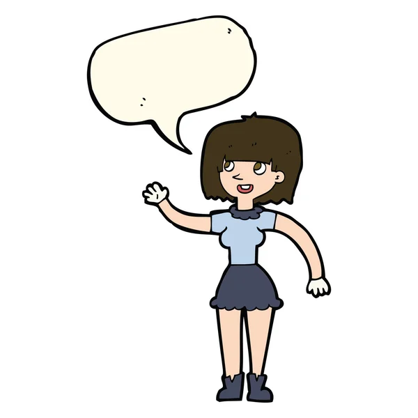 Chica de dibujos animados ondeando con la burbuja del habla — Vector de stock