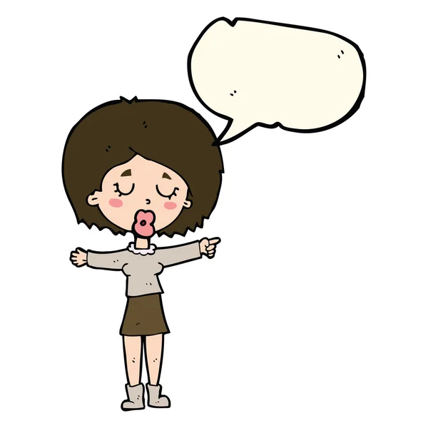 Cartoon aanwijsapparaat vrouw met tekstballon — Stockvector