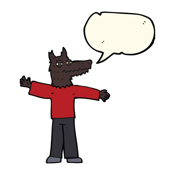 Dessin animé homme loup heureux avec bulle de parole — Image vectorielle