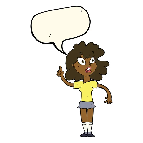 Γελοιογραφία γυναίκα κάνοντας σημείο με φούσκα ομιλία — Διανυσματικό Αρχείο