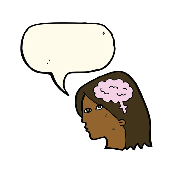 Cartoon vrouwelijke hoofd met hersenen symbool met spraakbel — Stockvector