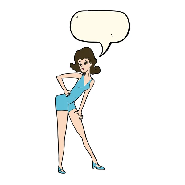 Modèle de dessin animé femme posant avec bulle de parole — Image vectorielle