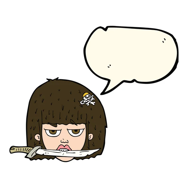 Mujer de dibujos animados sosteniendo cuchillo entre dientes con burbuja del habla — Archivo Imágenes Vectoriales