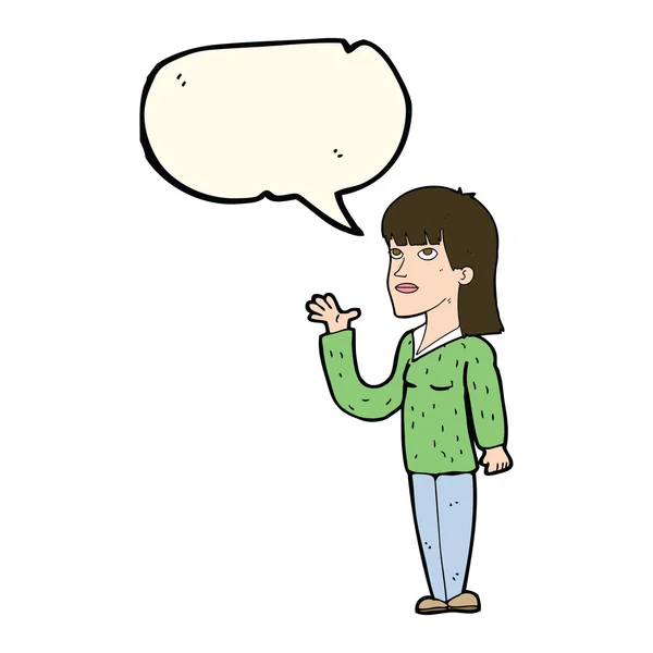 Mujer de dibujos animados explicando con la burbuja del habla — Vector de stock