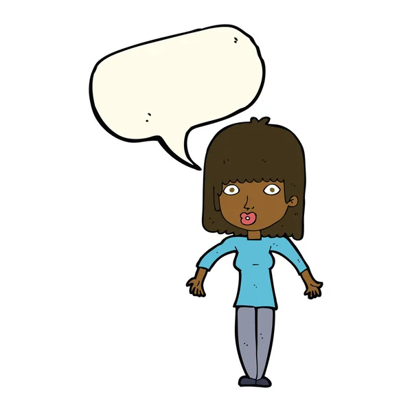 Mujer de dibujos animados encogiéndose de hombros con burbuja del habla — Vector de stock
