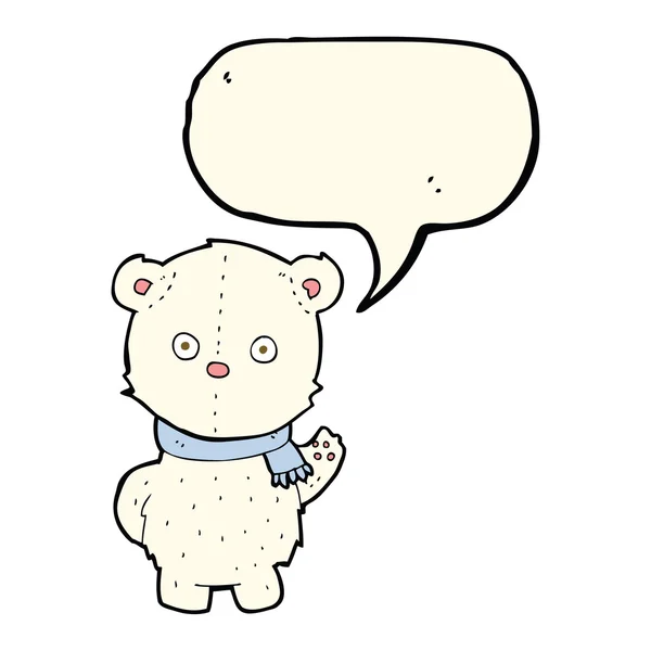 Cartoon waving polar bear cub with speech bubble — Stock Vector