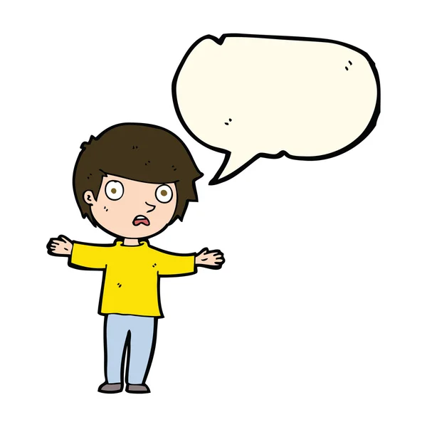 Desenho animado preocupado menino com bolha de fala —  Vetores de Stock