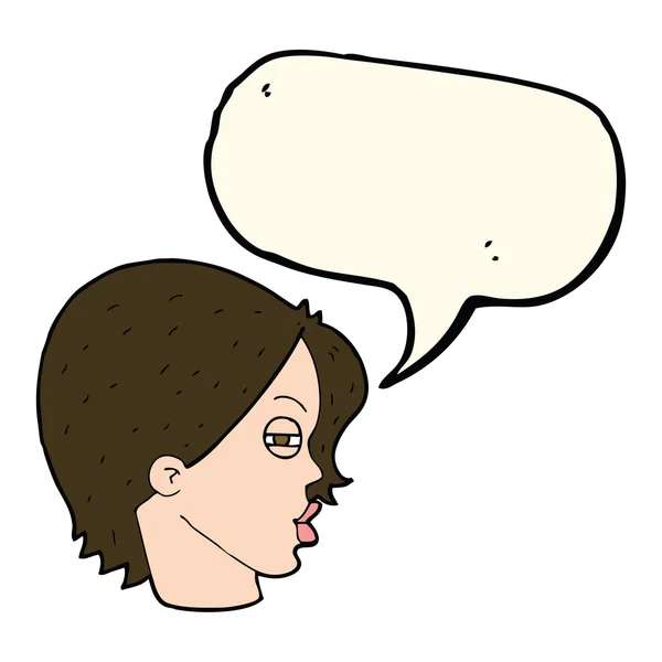 Cartone animato volto femminile con gli occhi stretti con la bolla discorso — Vettoriale Stock