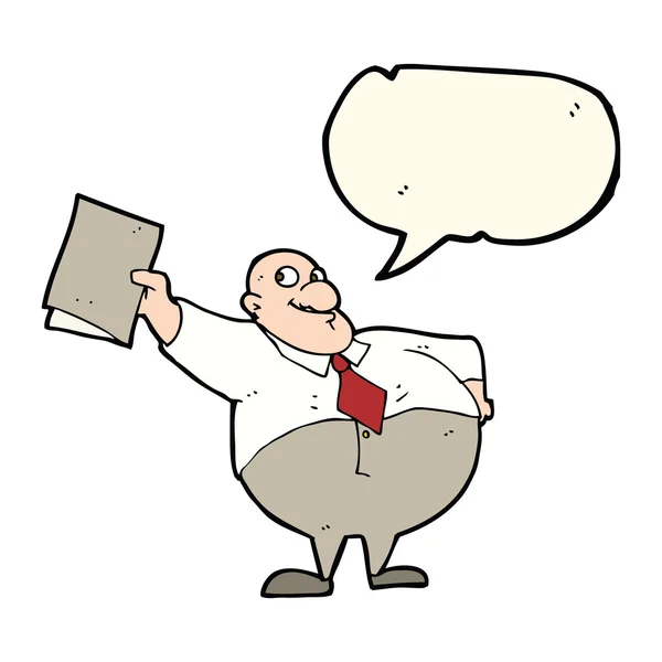Cartoon glücklicher Chef mit Akte mit Sprechblase — Stockvektor