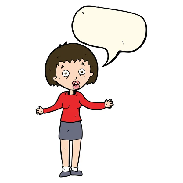 Mujer de dibujos animados haciendo excusas con la burbuja del habla — Vector de stock