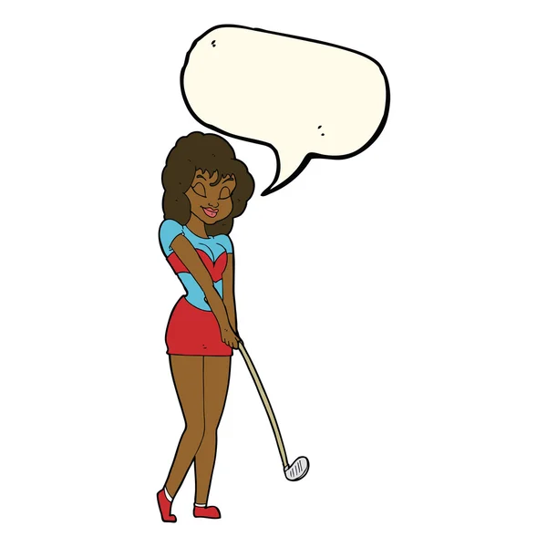 Femme dessin animé jouant au golf avec bulle de parole — Image vectorielle