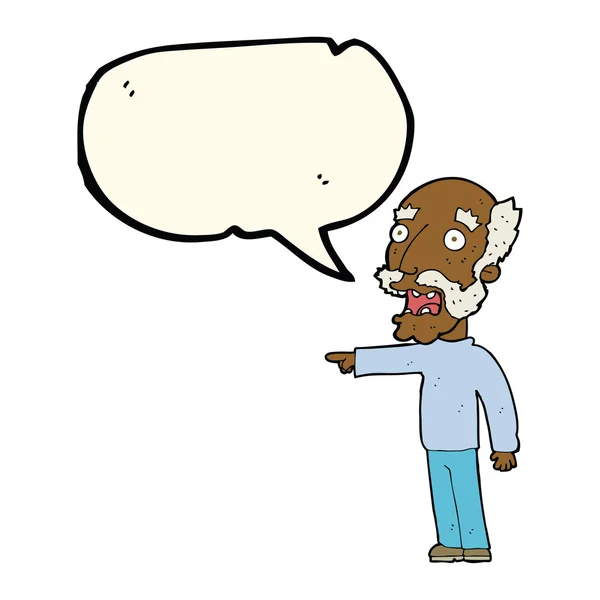 Karikatur erschreckt alten Mann, der mit Sprechblase zeigt — Stockvektor