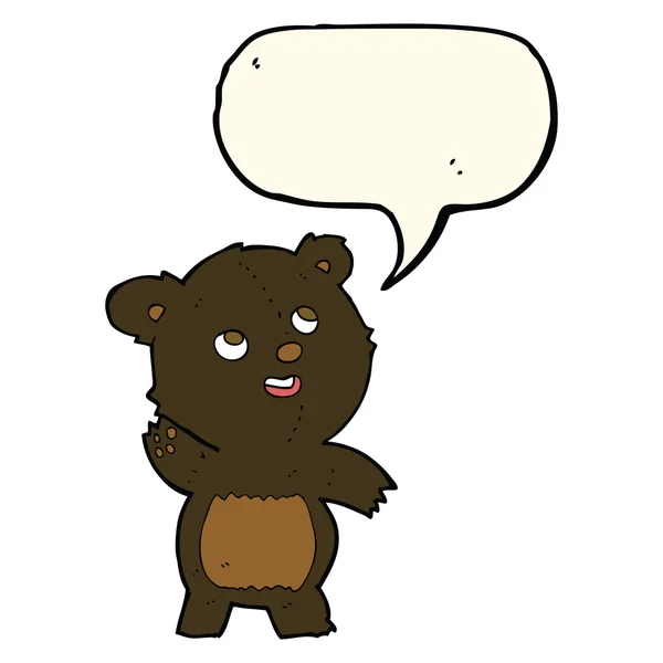 Cartoon cute waving black bear teddy with speech bubble — Stock Vector